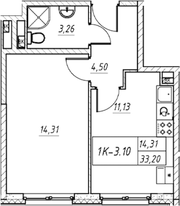 1-комнатная квартира 33.2 м², 2/11 эт., Комплекс апартаментов «Zoom на Неве»
